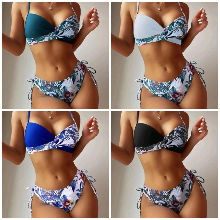 Dame Bikini-Sæt med trendy viklebånd og botanisk tryk Stilla