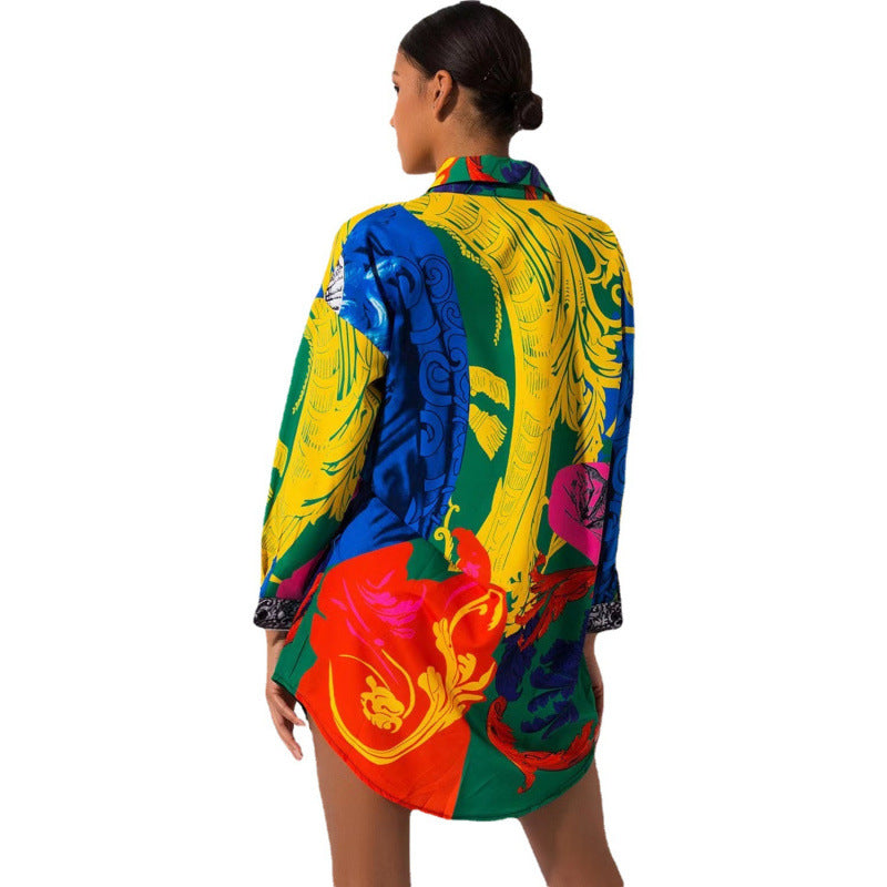 Femme Vibrant Trykt Over størrelse Button-Up Skjorte Stilla