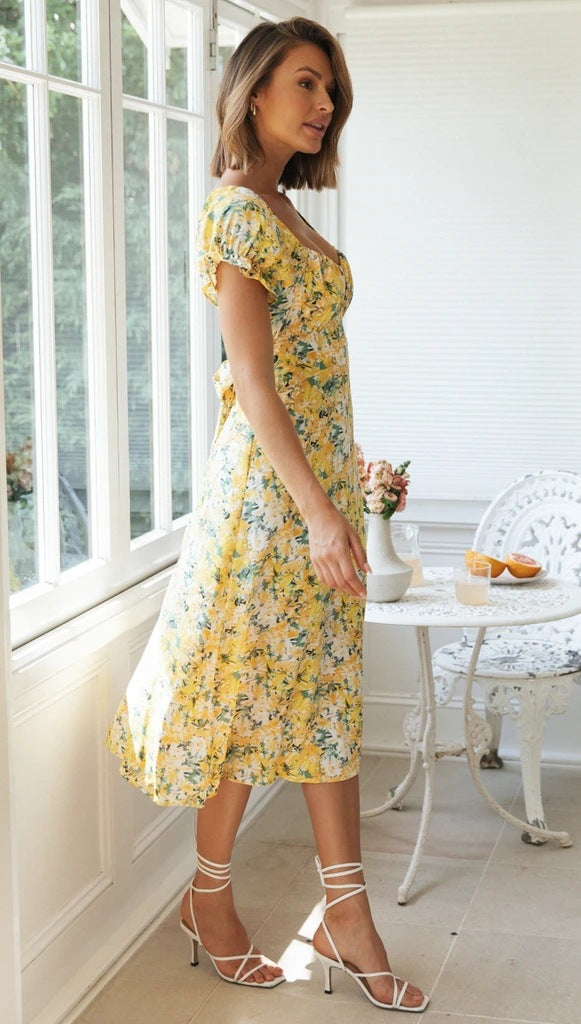 Femme Blomster Off-Shoulder Midi Kjole med Slidsdetalje Stilla