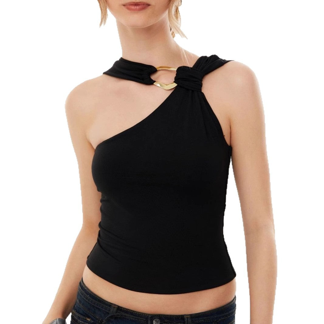 Dame Elegant top med asymmetrisk snit og dekorativ ringdetalje Skovae