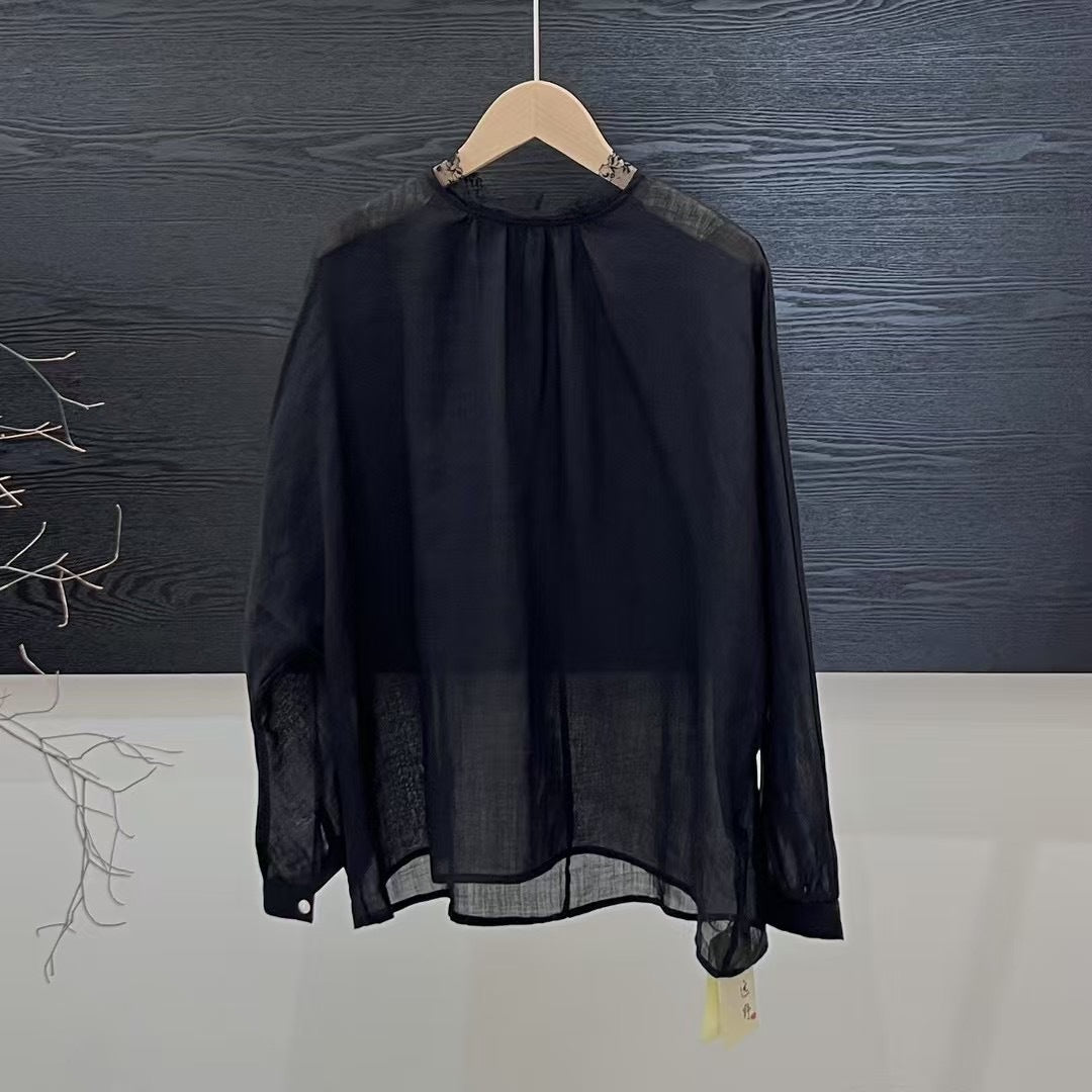 Femme Elegante Gennemsigtig Langærmet Bluse med Spidsapplikationer Stilla