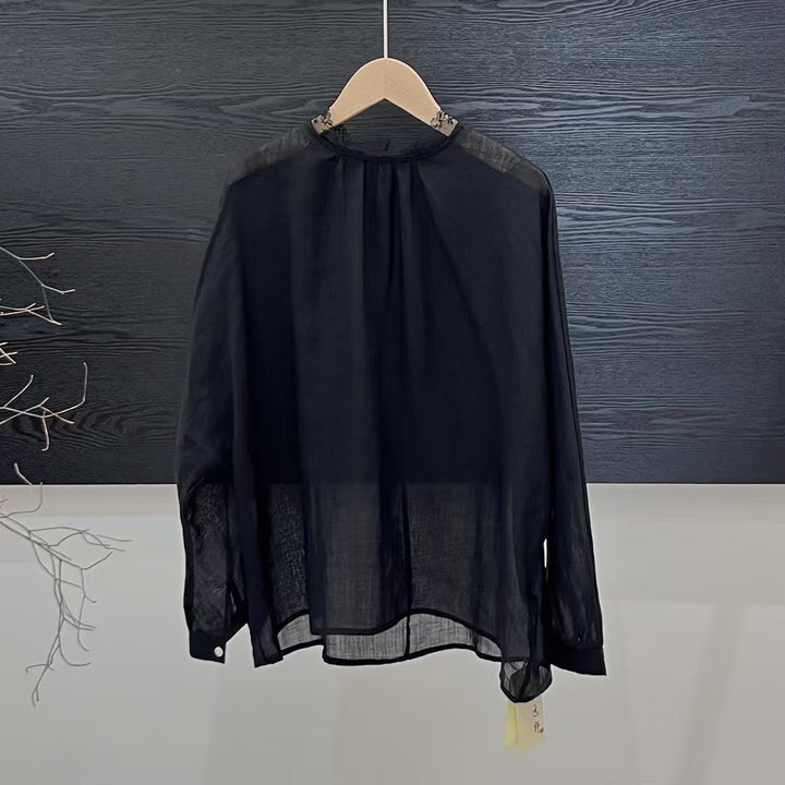 Femme Elegante Gennemsigtig Langærmet Bluse med Spidsapplikationer Stilla