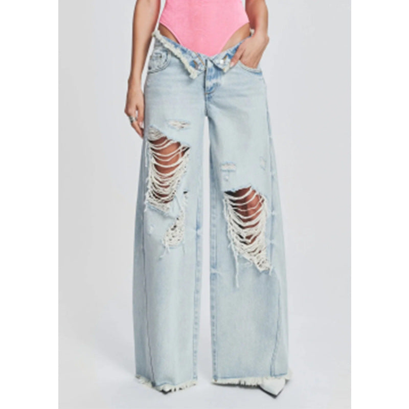 Dame Destroyed Wide-Leg Jeans med høj talje og iøjnefaldende Ripped-detaljer Stilla
