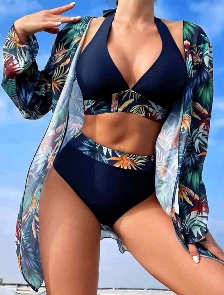 Dame bikinisæt med blomstret kimono og høj talje Stilla