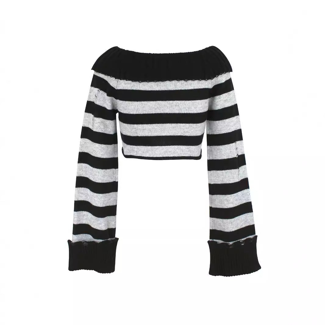 Dame Off-Shoulder Stribepullover med brede ærmer Stilla