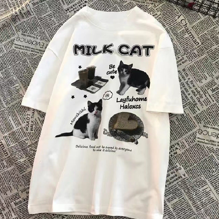 Dame T-shirt med kreativ katte-design og humoristisk tryk Stilla