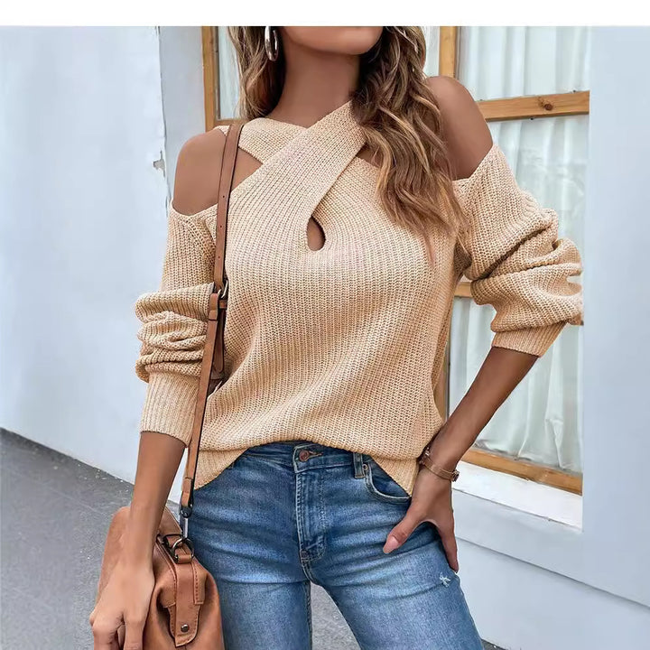 Dame strikbluse med asymmetrisk udsnit og åbne skuldrer Stilla