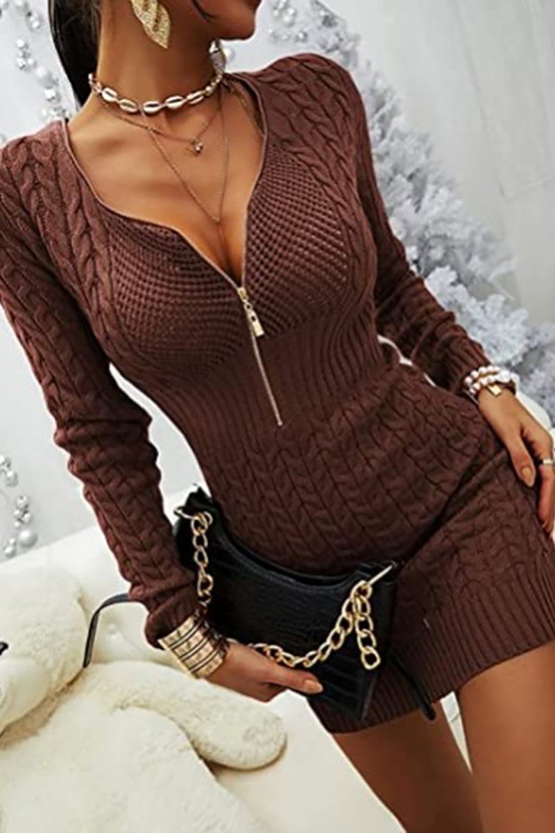 Stilla | Zipper V-hals Bodycon Trøje Kjole