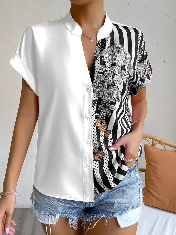 Dame stilfuld Button-Up-bluse med blomstertryk-patchwork Stilla