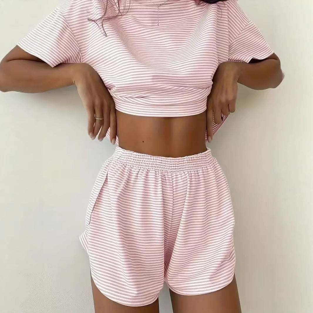 Dame casual crop-top og shorts sæt med stribet mønster Skovae