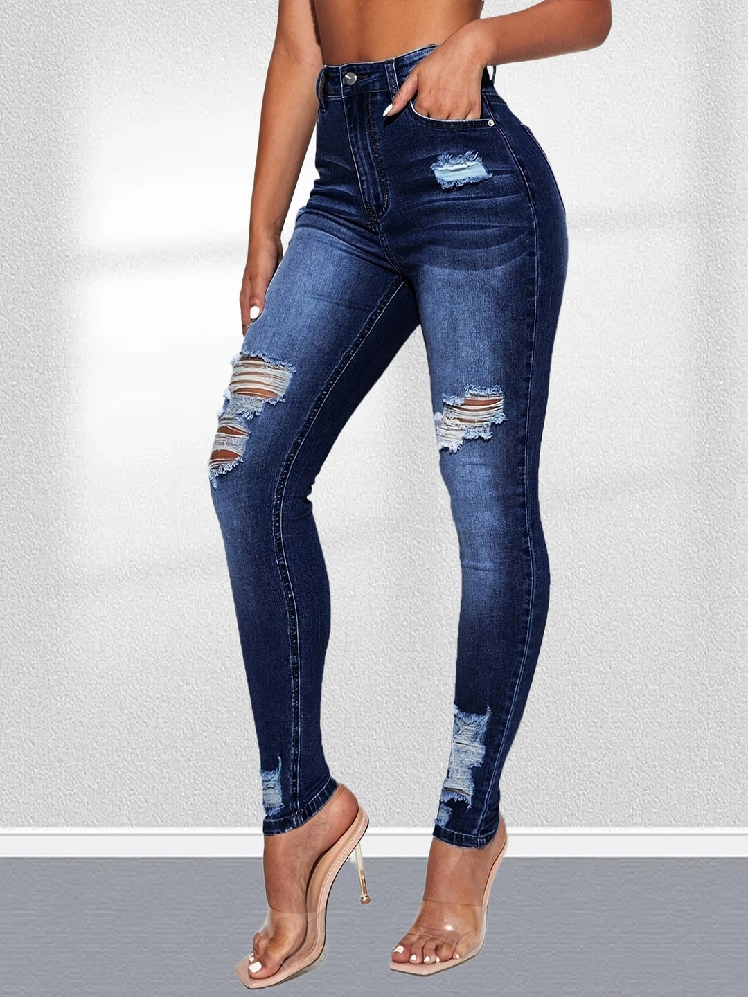 Dame højtaljede skinny jeans i den trendy destroyed-look med fashionable rifte detaljer Stilla