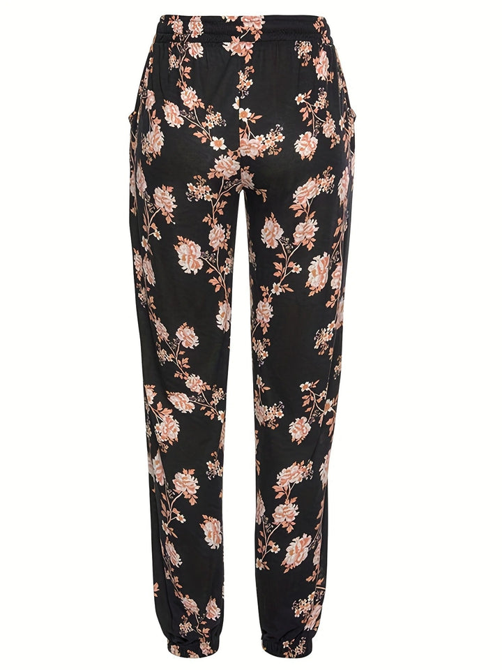 Dame elegant fritidsbukser med blomstermønster og elastisk linning Stilla