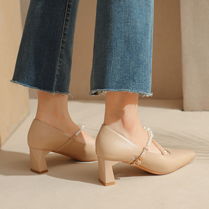 Femme Elegante Chunky-hæls-Mary-Jane-sko med perle-detalje Stilla