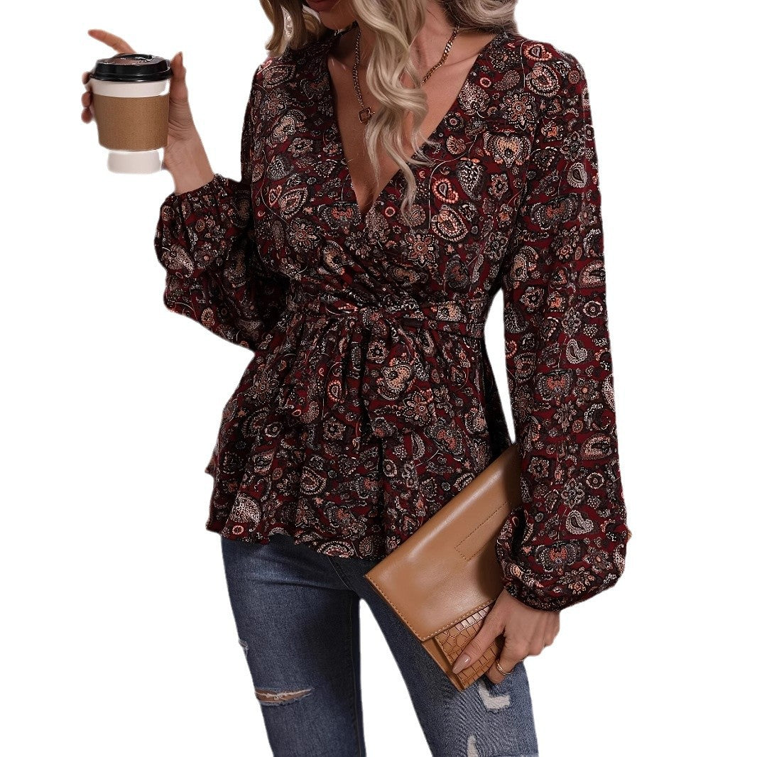 Dame vikkel bluse med blomstret design og elastisk talje Stilla