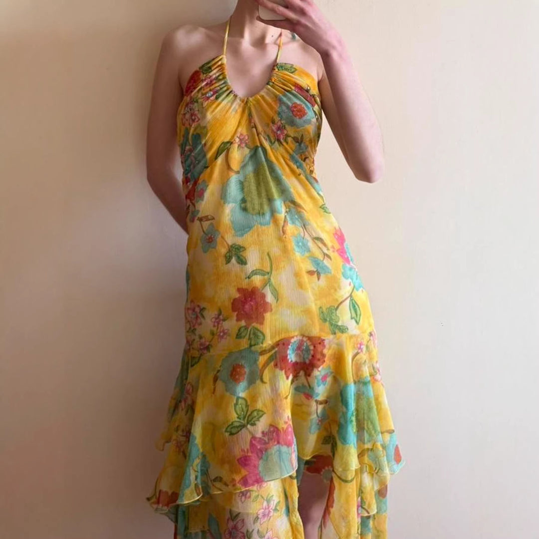 Dame maxikjole med blomsterlag og spaghetti stropper Skovae