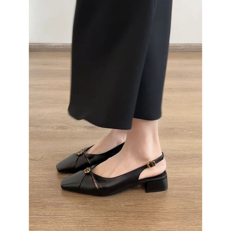 Dame Elegant Kvadrat Tå Slingback Ballerinas med dekorativt Guldaccent Stilla