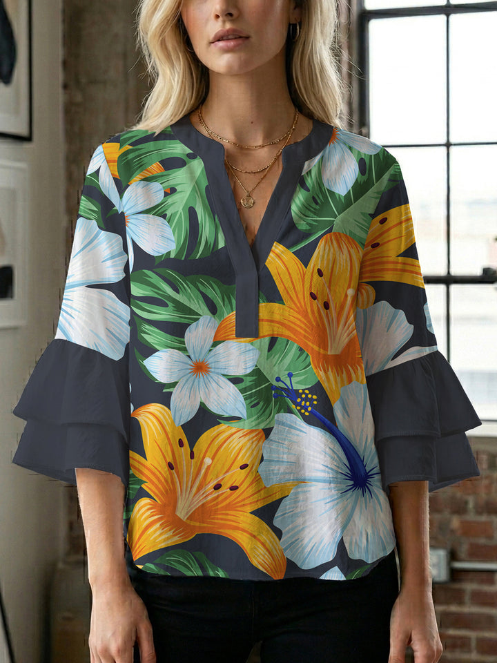 Damebluse med voluminøse rynkede ærmer og blomstertryk Skovae