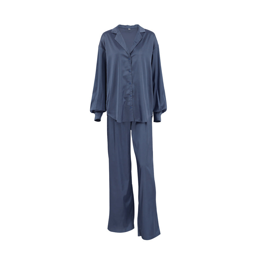 Dame Satin Ensemble med oversized bluse og brede bukser Stilla