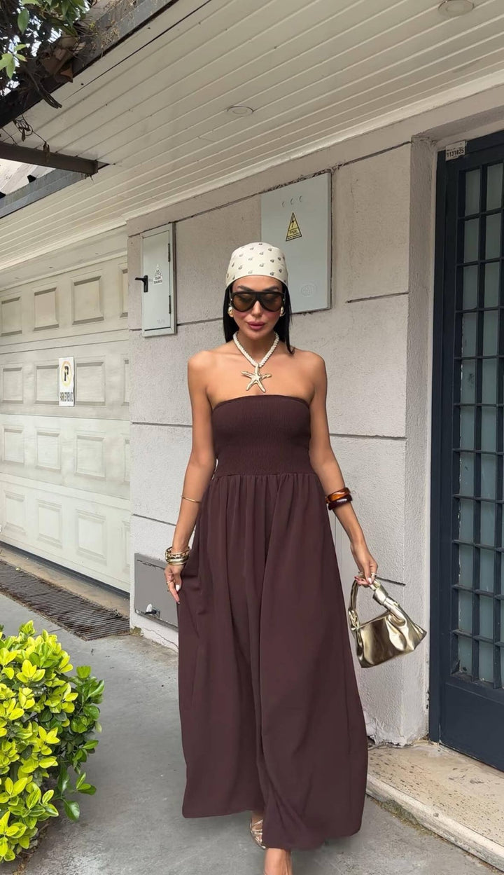 Without straps maxi dress for women with gathered bodice Stilla