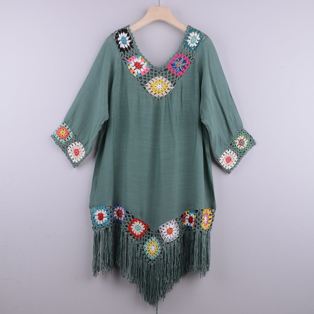 Dame afslappet hækle-kimono med farverigt blomstermotiv og frynset kant Stilla