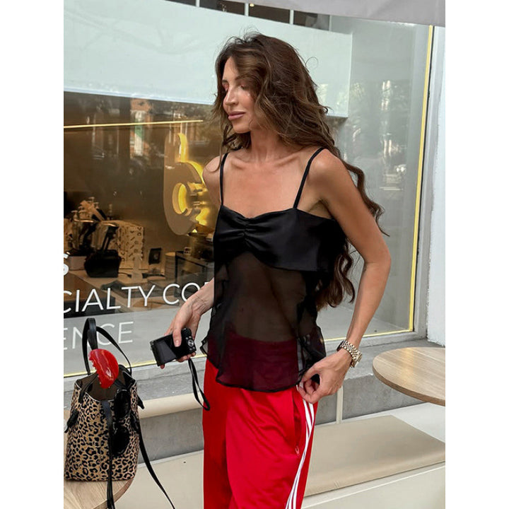 Damen Sexy Trägertop mit transparentem Stoff und raffiniertem Falten-Design Skovae