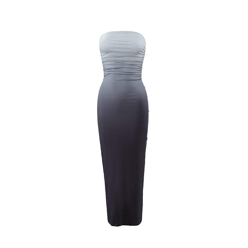 Dame elegant strapless maxikjole med farveovergang Skovae