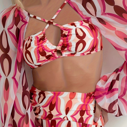Dame bikinisæt med lange puffærmer og moderigtigt print Stilla