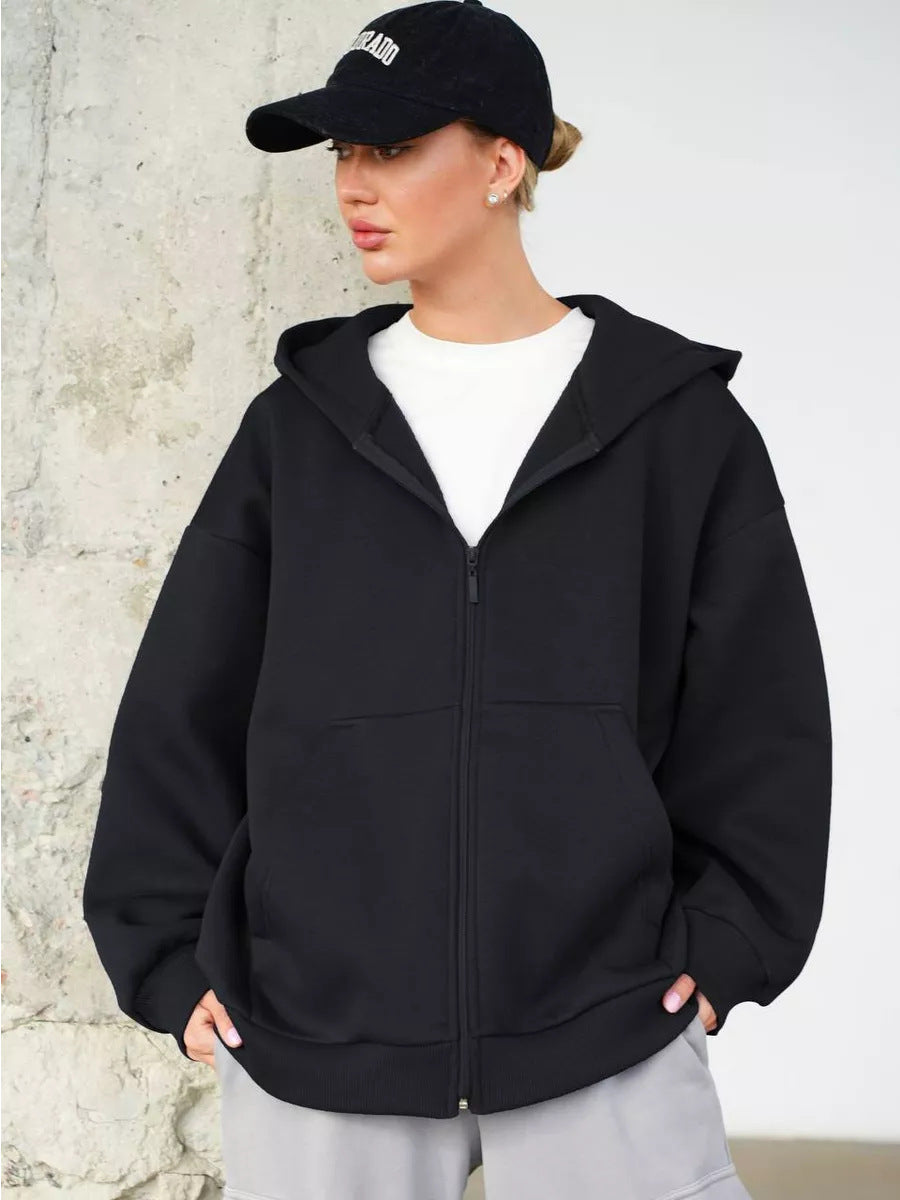 Kvinders afslappede hoodie med fuld lynlås og store lommer