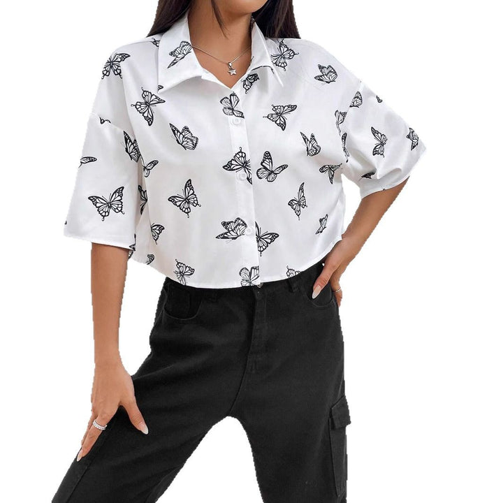 Dame sommerfugleprint kortærmet button-up skjorte Stilla