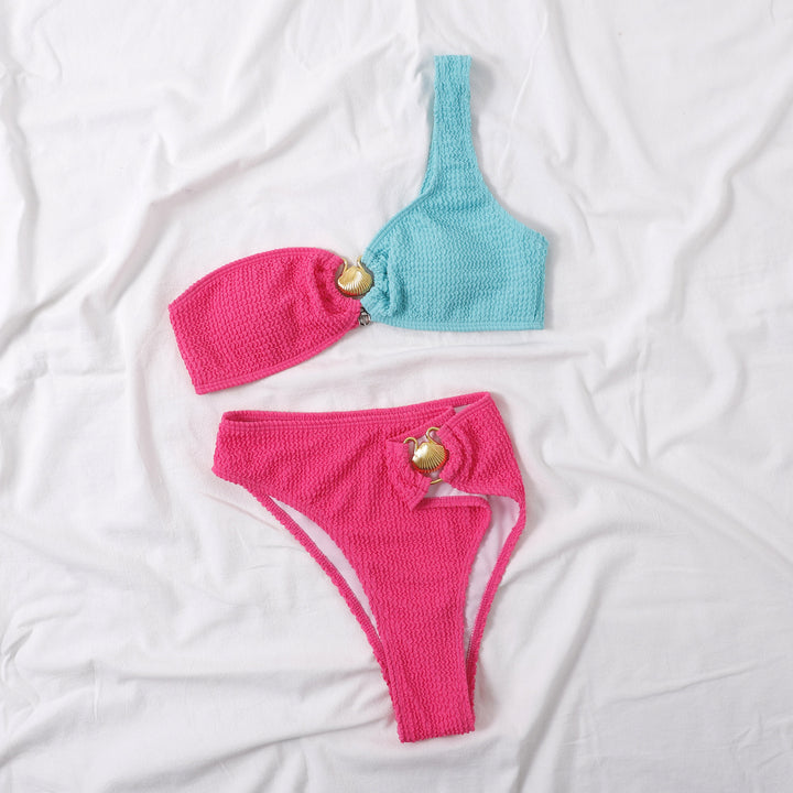 Dame En-Skulder Teksturert Bikini-Sæt Stilla