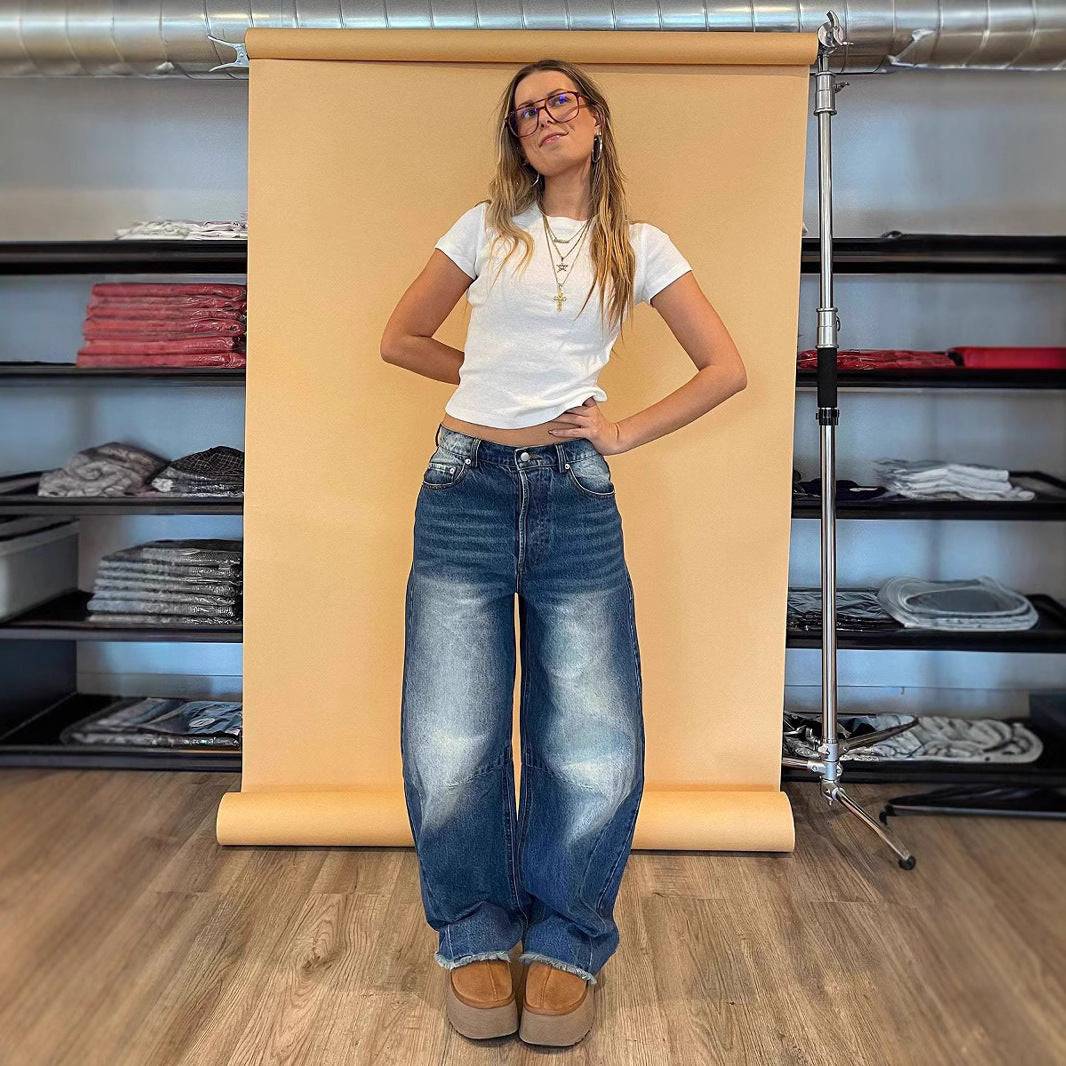 Dame mode løse jeans med unik skæring og høj talje Skovae
