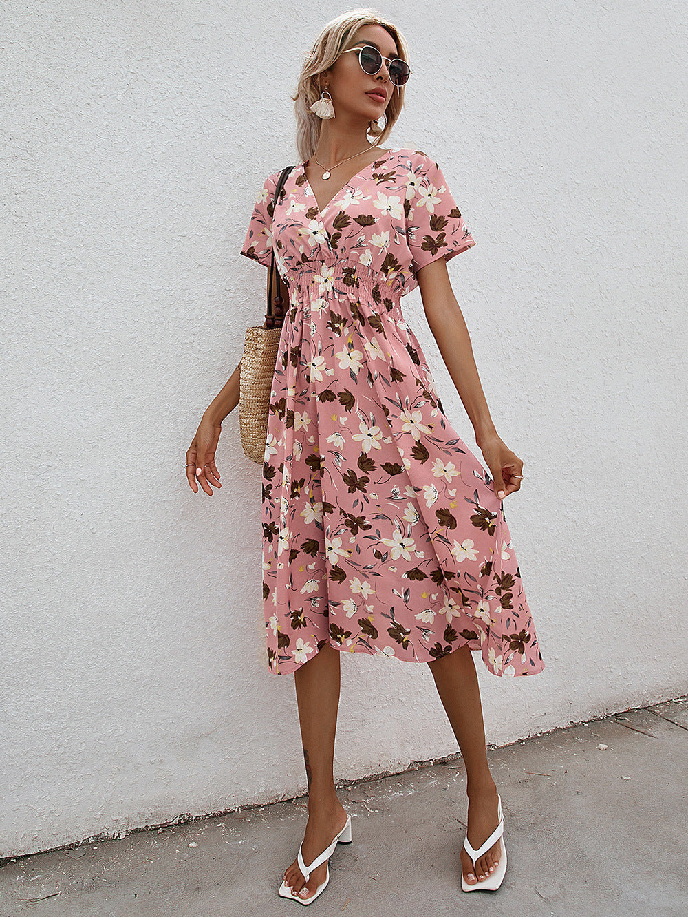 Dame Floral Print Smocked Waist Wickelkjole Stilla