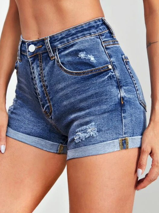 Dame Højtaljede Denim-Shorts med modiske Distressed-effekter og opfoldet kant Stilla