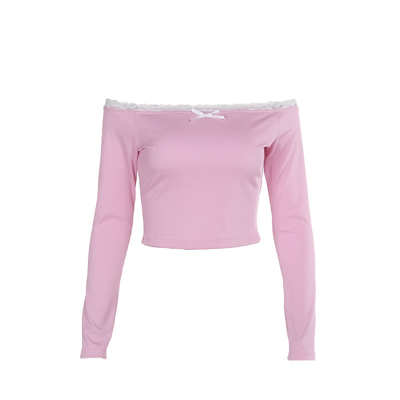 Kvinders Off-Shoulder Skjorte med Blonde Detaljer og Tætsiddende Snit