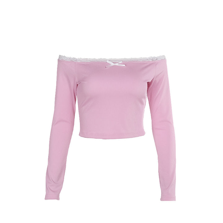 Kvinders Off-Shoulder Skjorte med Blonde Detaljer og Tætsiddende Snit