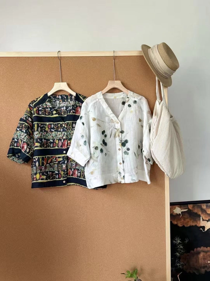 Femme Floral Print og Grafik Kortærmet Button-Up Skjorte Stilla