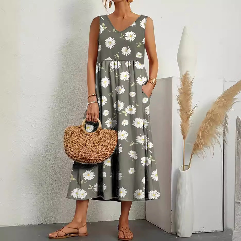 Stilla | Elegant Ærmeløs Lomme V-Hals Print Sommerkjole