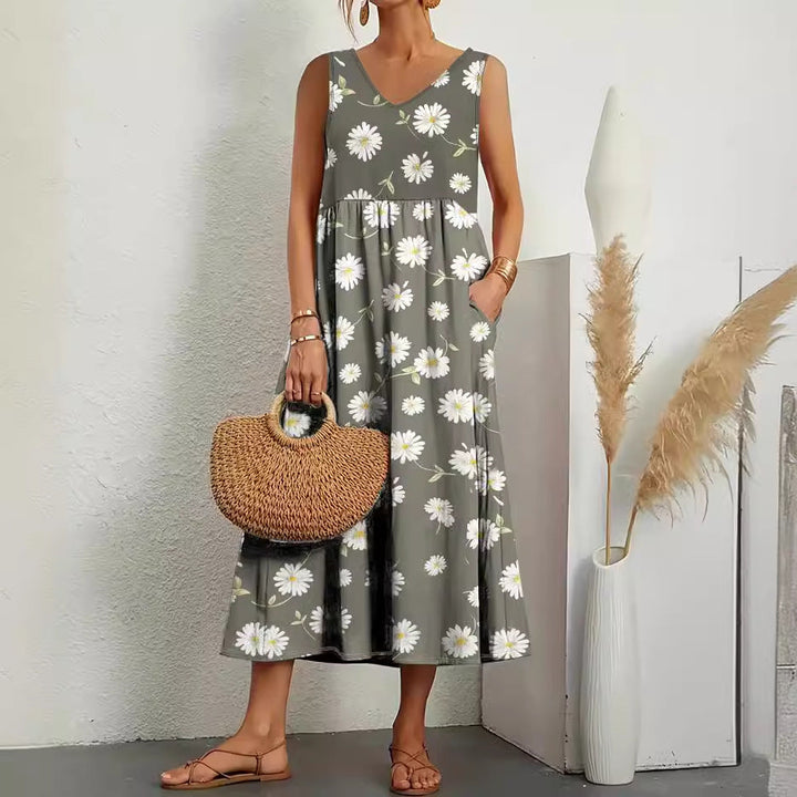 Stilla | Elegant Ærmeløs Lomme V-Hals Print Sommerkjole