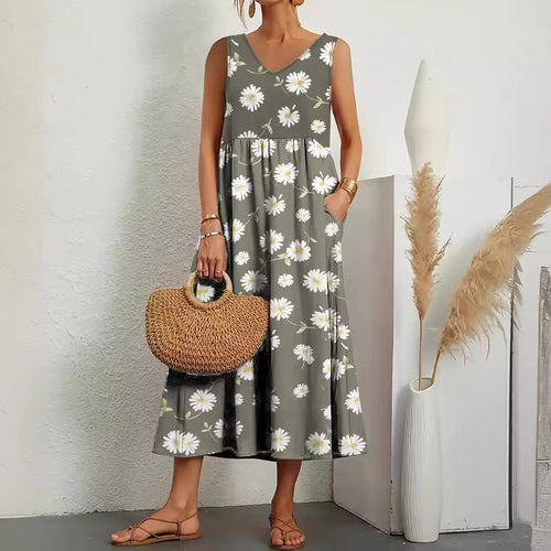 Stilla | Elegant Ærmeløs Lomme V-Hals Print Sommerkjole