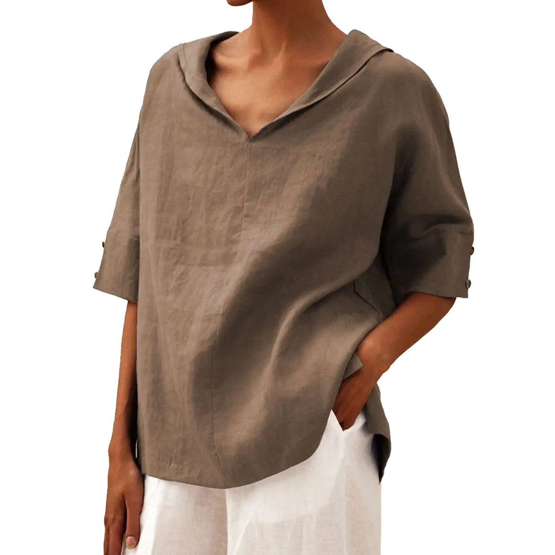 Dame afslappet linned blouse med hætte og korte ærmer Stilla