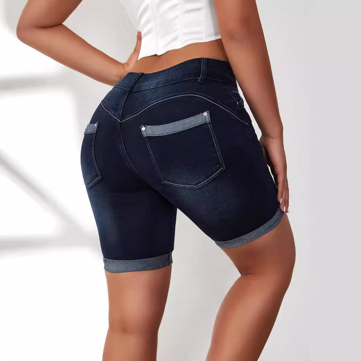 Dame Denim-shorts med afslappet opsvinget søm og høj talje Stilla