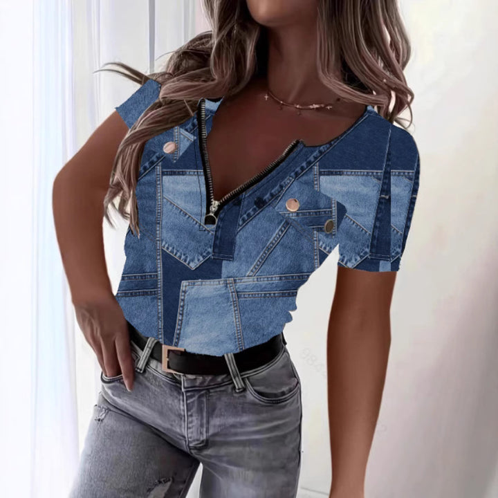 Dame Kortærmet Bluse i Denim-look Stilla