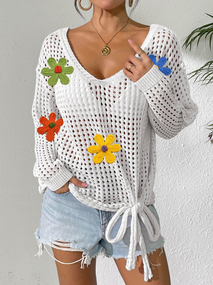 Damer hækleoverdel med blomsterapplikationer Skovae