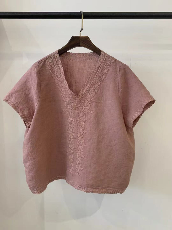 Femme Broderet V-Hals Bomuldsbluse Stilla