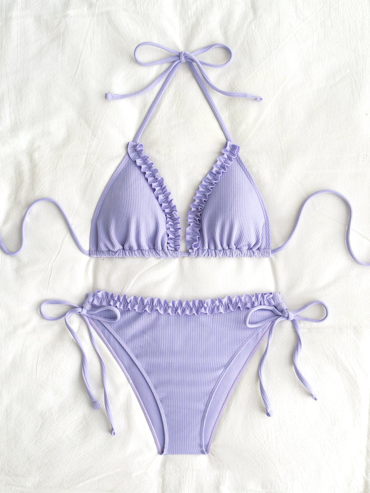 Dame Triangel-Bikini-Sæt med legende flæse-detaljer og justerbare bindebånd Stilla