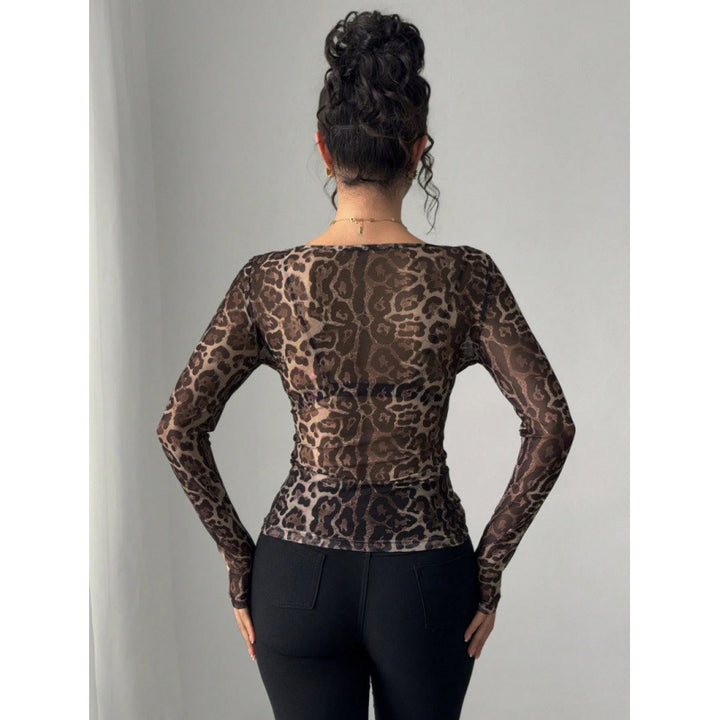 Dame Langærmet bodystocking med gennemsigtigt leopardmønster og tætsiddende pasform Skovae
