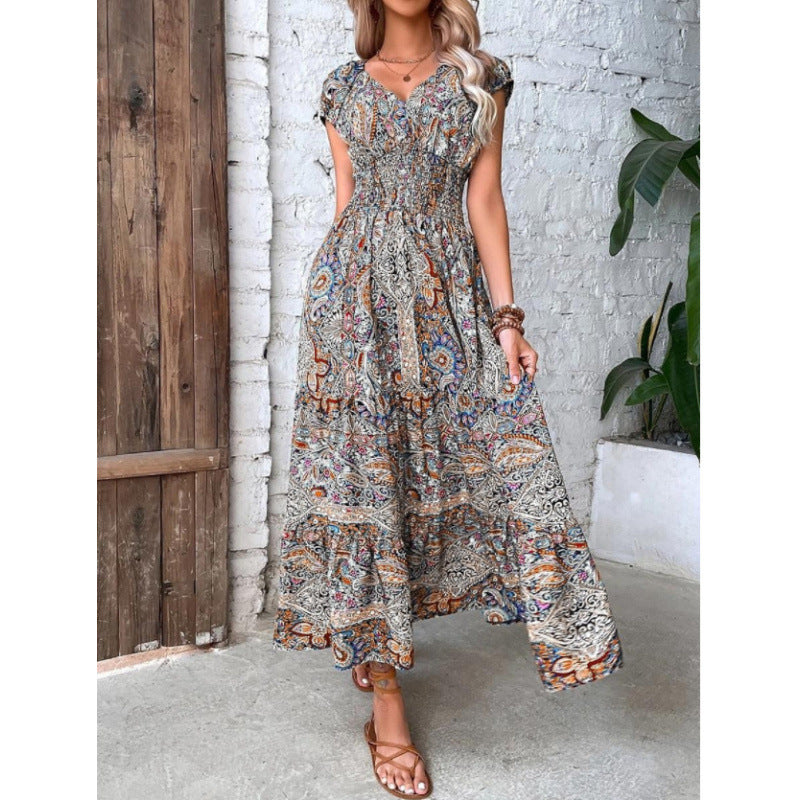 Dame Smocked Bohemian Maxi Kjole med korte ærmer Stilla