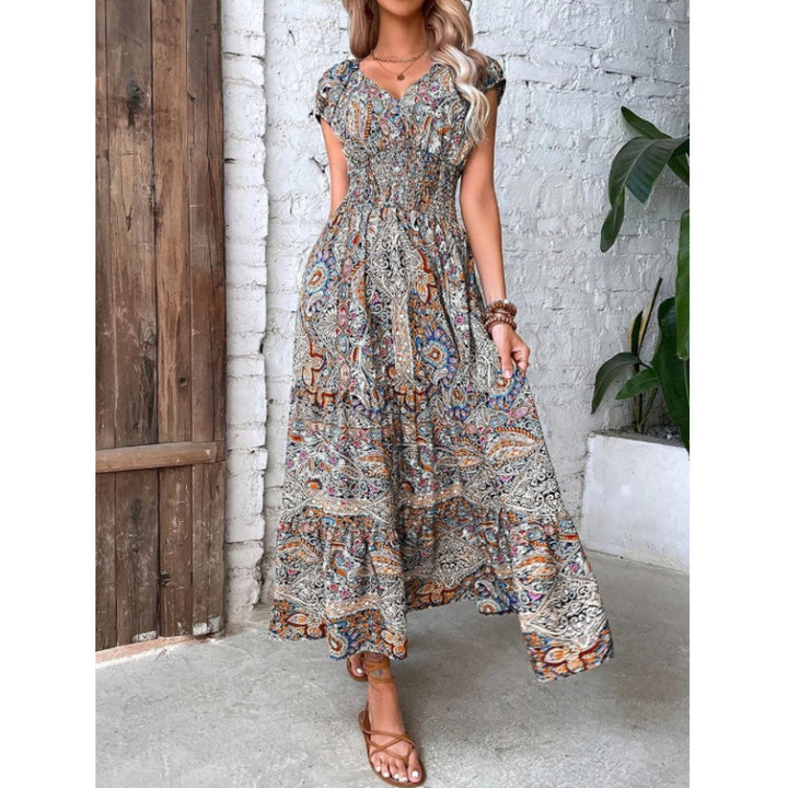 Dame Smocked Bohemian Maxi Kjole med korte ærmer Stilla