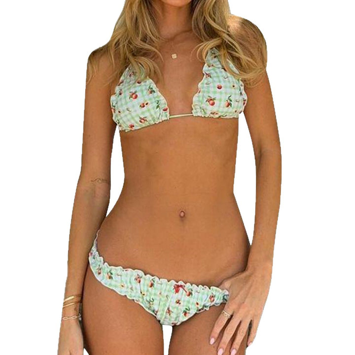 Dame Triangel-Bikini-Sæt med frugtig design og flæse detaljer Stilla
