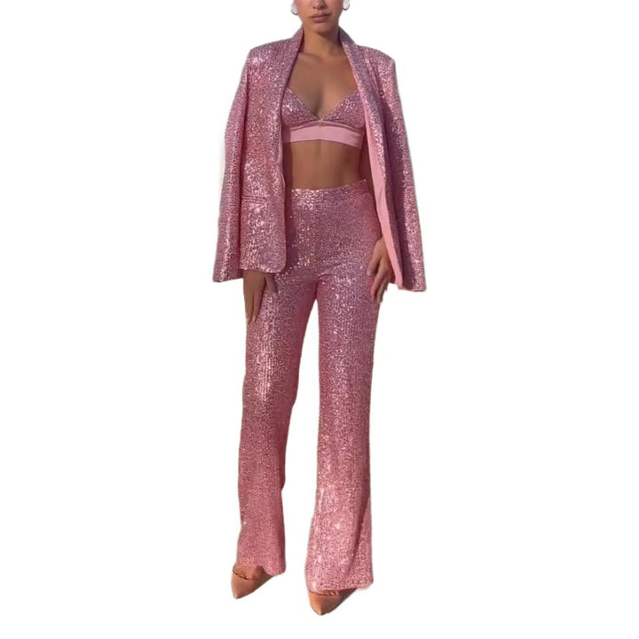 Kvinders to-delt glitrende jumpsuit sæt med elegant blazer og tætsiddende top